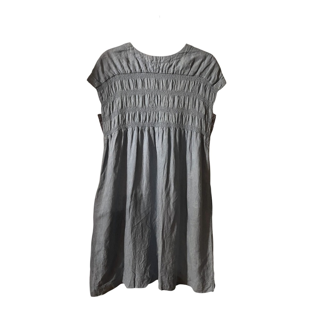 Maeve Anthropologie Blue Linen Smocked Jacquard Shift Dress V-Neck Pockets XS - Picture 2 of 4